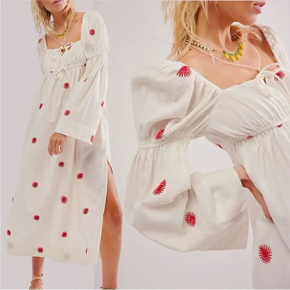 Free People NWT Emory Embroidered Maxi Dress size L in the color white and red